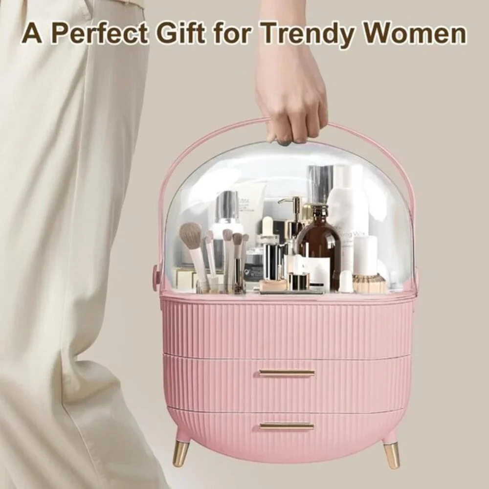 New Makeup Organizer with Lid & Drawers, Skincare & Cosmetic Storage in Pink